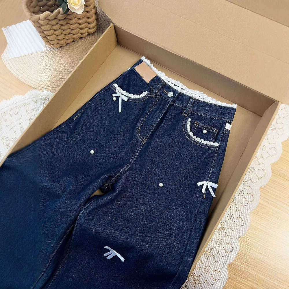 And Spring Autumn Blue Lace Jeans For Women Exquisite Craftsmanship Niche Slimming Straight-Leg Long Pants S261013V90J