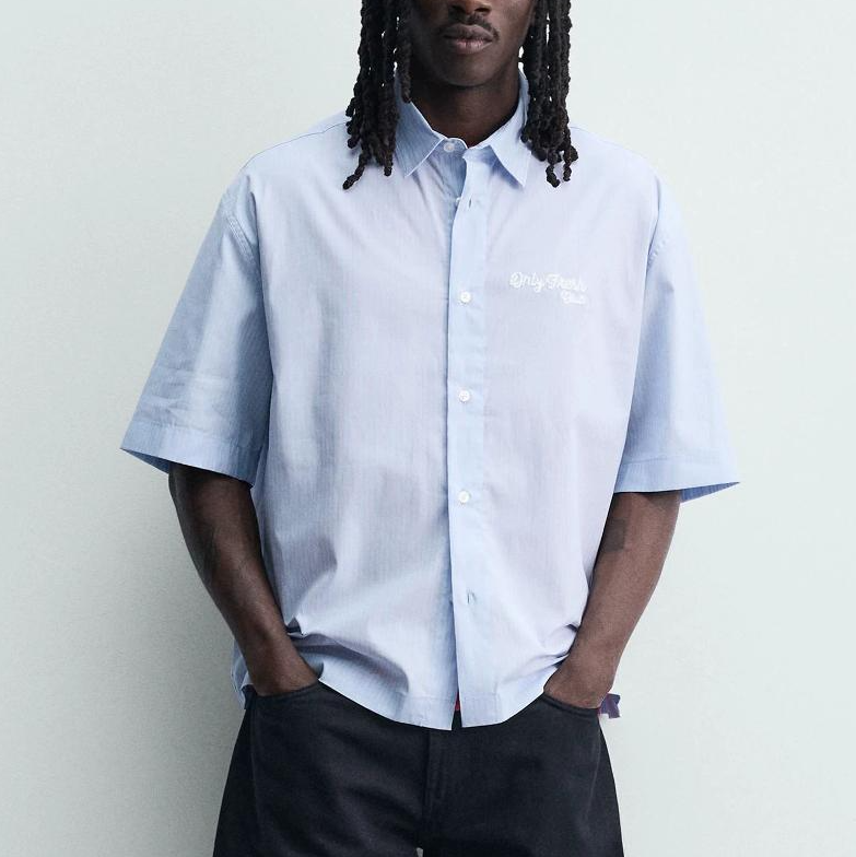 High-quality men's blue striped short-sleeve shirt for summer, casual loose embroidered lapel pure cotton couple daily top