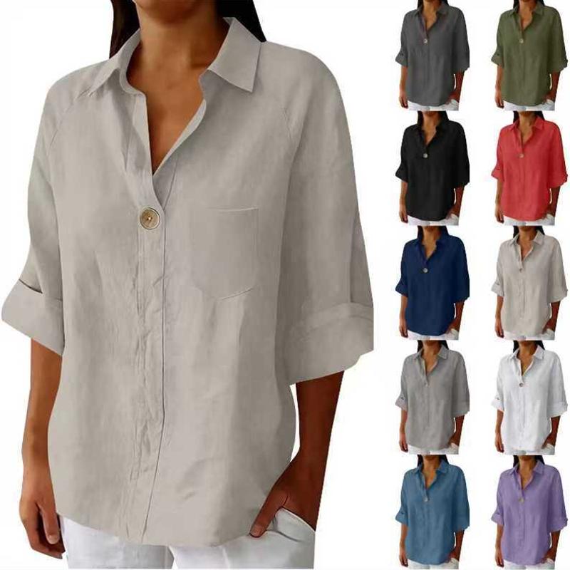 Designer Summer Women Loose V Neck Button Down Shirt Solid Color Cotton Blend Casual Blouse Streetwear Tops S-4XL