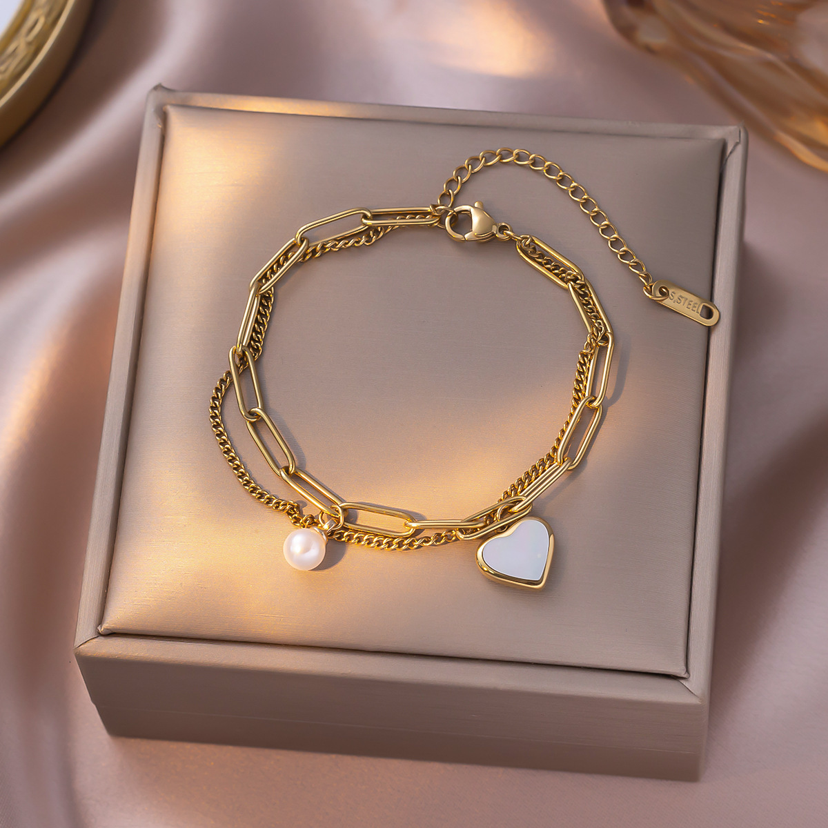 European And American Fashion INS Style Double Layer Heart Titanium Steel Bracelet For Women, Personalized Trendy Shell Pearl Heart-Shaped High-End
