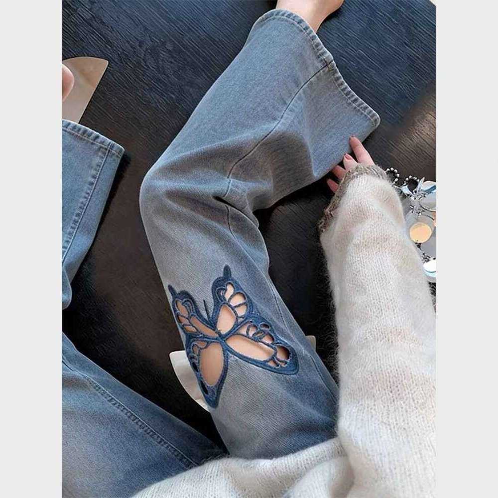 Butterfly Blue Embroidered Jeans For Women New Summer Model Hollow-Out Slim-Fit Flattering Slightly Flared Pants S261013L4OZ