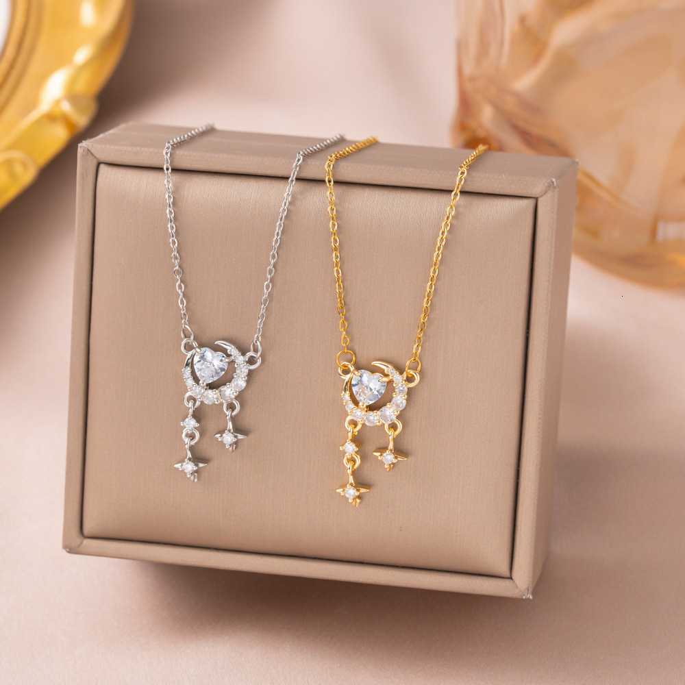 Super Fairy-Like Sweet Star-Moon Heart Tassel Micro-Inlaid Necklace For Girls, Light Luxury, Ultra-Shiny, High-End, Versatile, Romantic Collarbone C