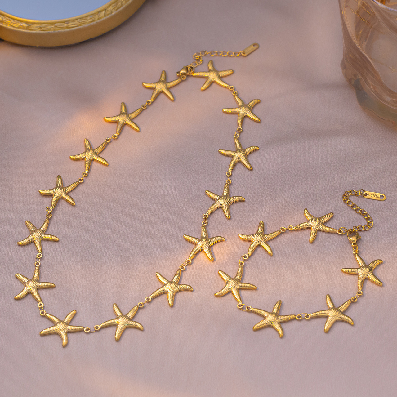 European And American New Ocean Vacation Style Starfish Titanium Steel Necklace For Women Vintage Versatile High-End Clavicle Chain Bracelet Set