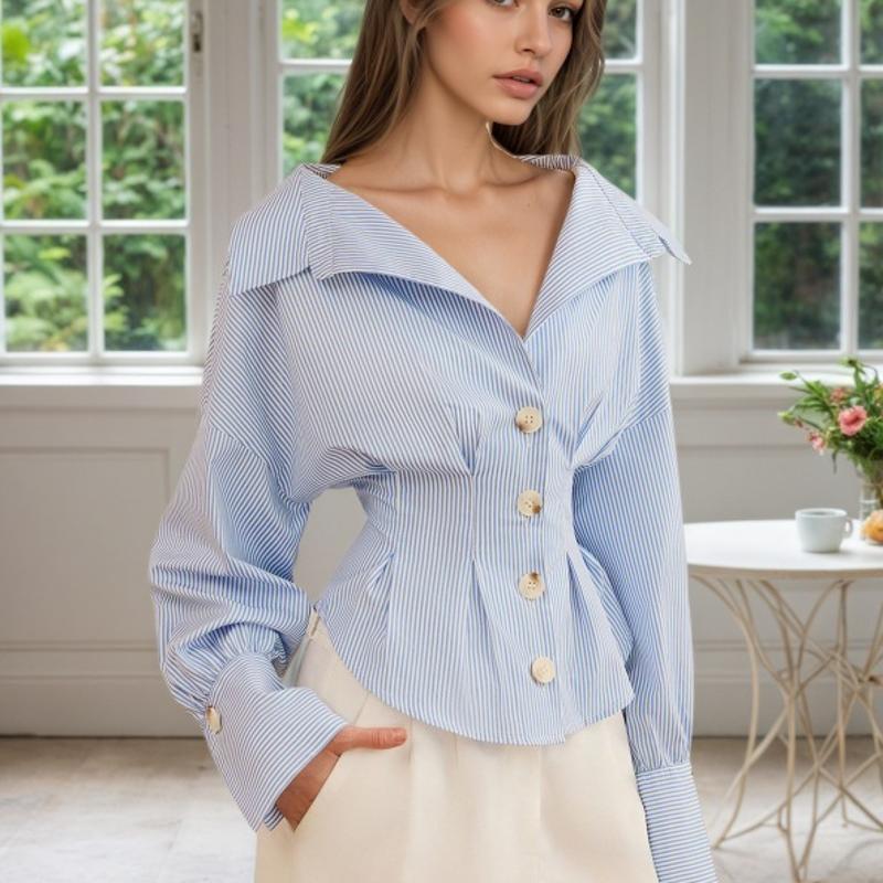 Chemise rayée boutonnée pour femmes, manches bouffantes, col à revers, manches longues, chemisier de bureau élégant, hauts d'automne