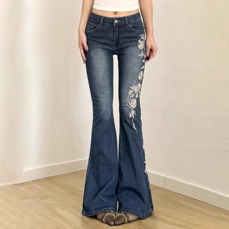 Retro Women Jeans Floral Embroidery Jeans 2000s Low Rise Flared Pants Basic S261013BOW7