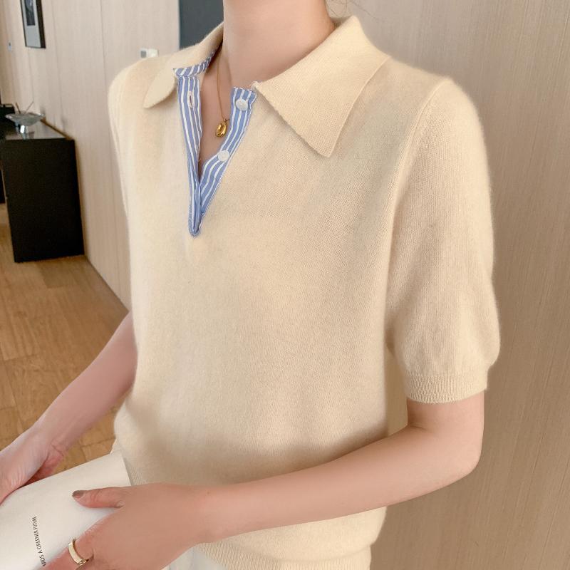 Polo tricoté décontracté à manches courtes pour femme, pull de couleur unie, chemisier de styliste, nouvelle collection automne