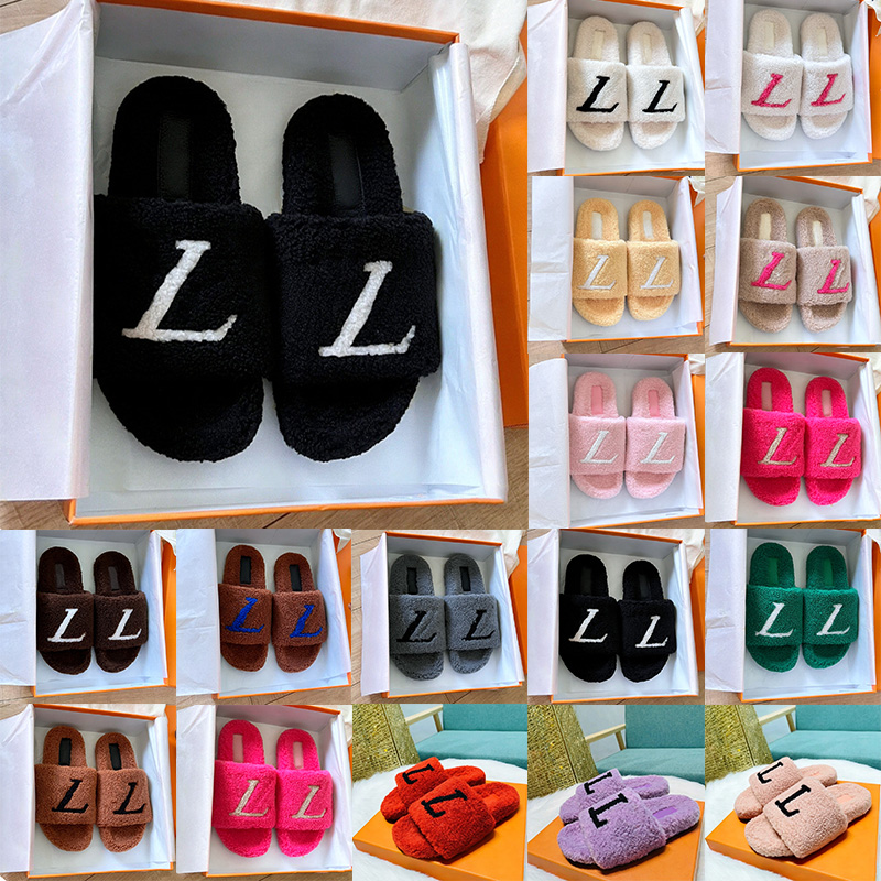 with box luxury fur slides slippers designer slipper fashion furs sliders sandals women men black white pink red blue yellow winter warm women slipp