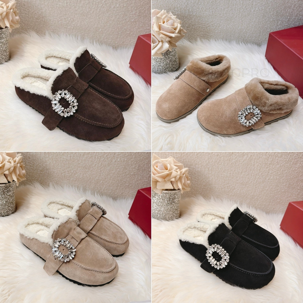 Roger Vivierss Women Mules Crystal Buckle Shearling Suede Clogs Slip On Winter Warm Fleece Rhinestone Ankle Boots Brown Black Beige 2026 35-40