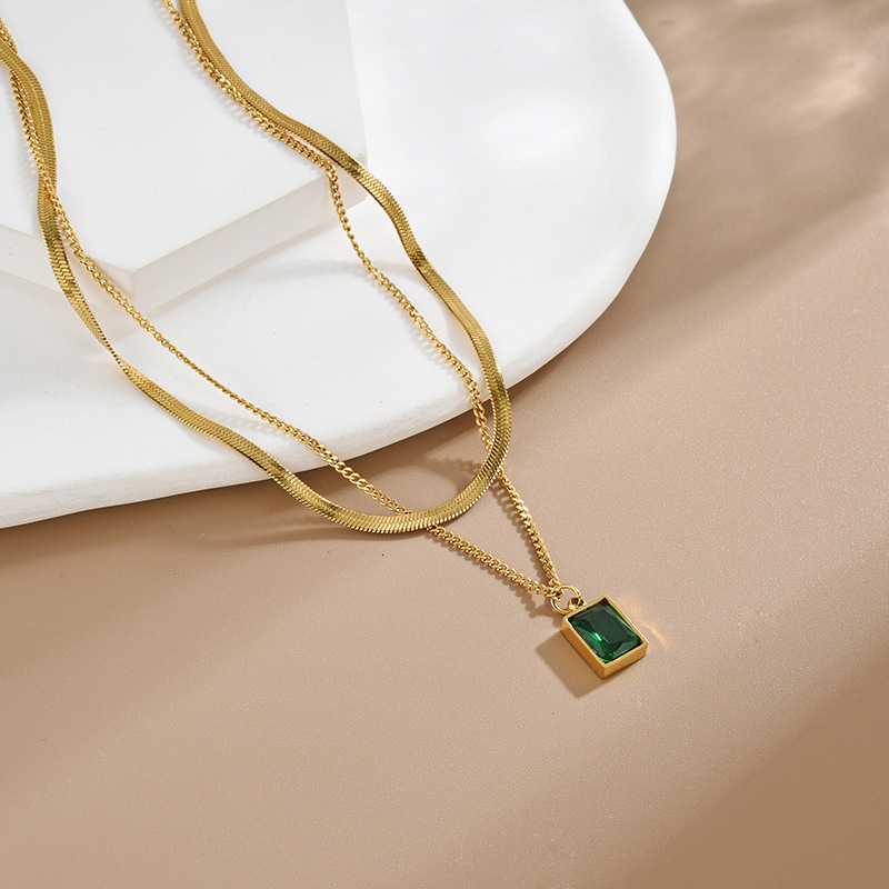 Light Luxury Versatile Titanium Steel 18K Gold Double-Layered Green Square Necklace With Geometric Zircon Clavicle Chain, Trendy And Stylish