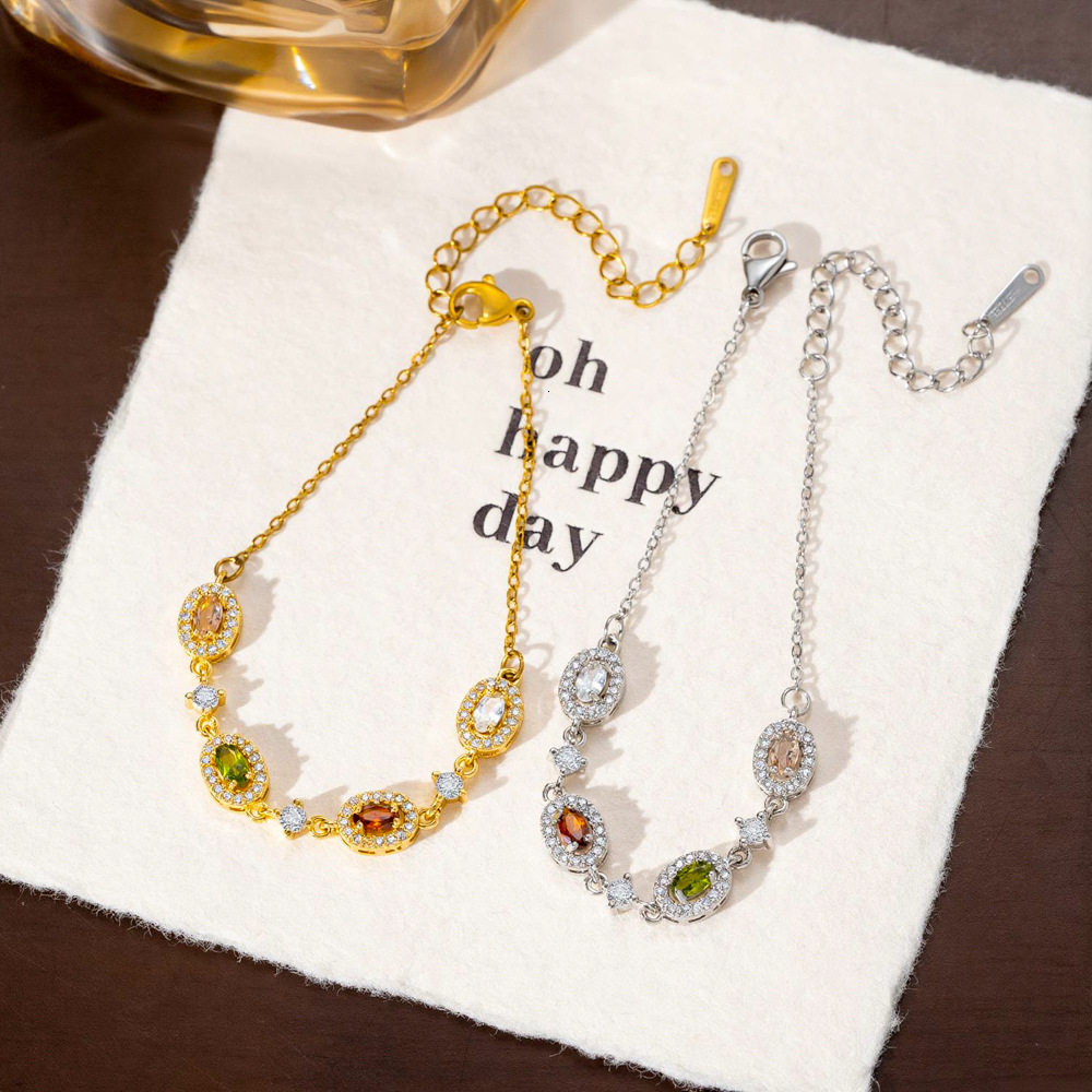 Japanese Korean Style, Light Luxury, Colorful Diamond-Studded Oval Bracelet, Delicate Elegant, Enhances Complexion, Exudes A High-End And Fashionabl