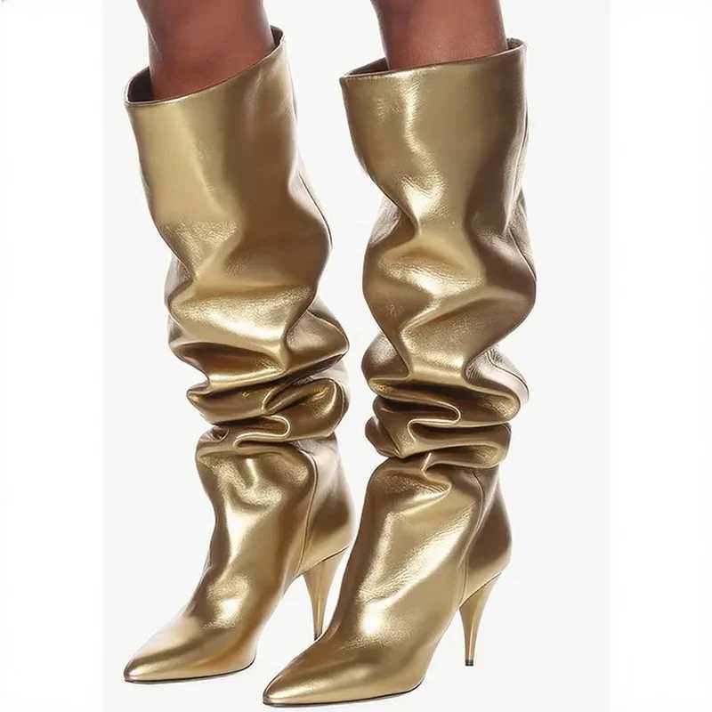 Matte Leather Pleated Knee High Slouchy Boots Sexy Round Toe Suede Leather Accept Customized New Arrivals Fashion Women Boots