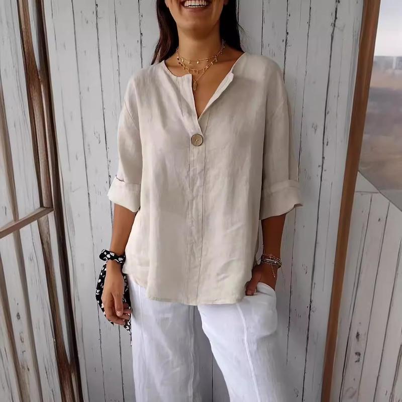 Designer Women's V-Neck Loose T-Shirt Button Solid Cotton Linen Casual Summer Top Commute Blouse