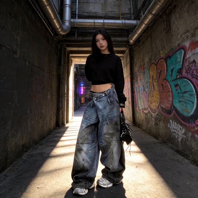 Designer Unisex Oversized Women's Y2K High Waist Washed Distressed Flared Jeans Plus Size Streetwear Baggy Wide Leg Denim Pants Blue