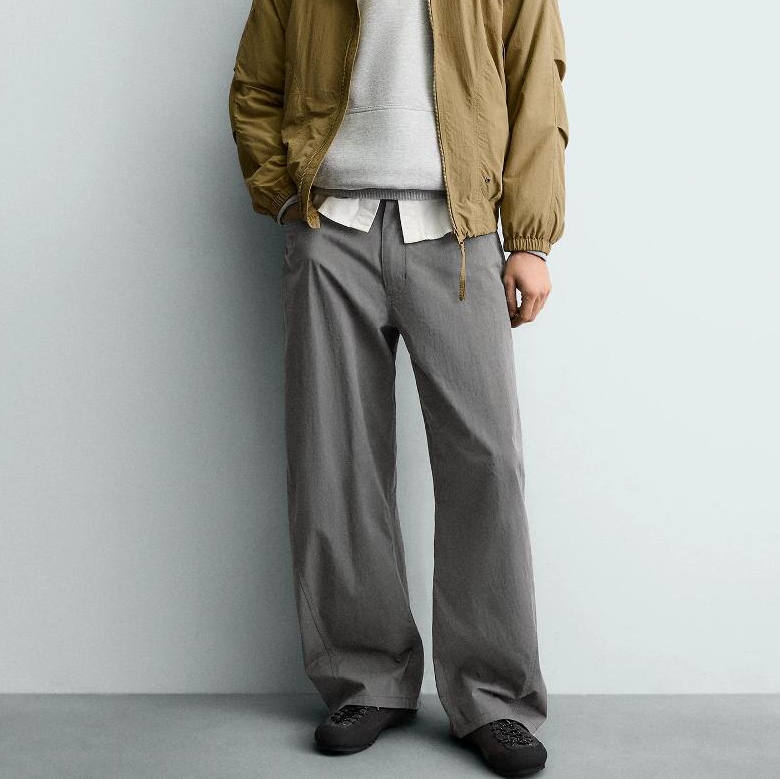 High-Quality Goods Men's Cotton-Blend Loose Wide-Leg Casual Pants, gray Straight-Leg Trousers for Spring and Summer, Zipper Fly with Pockets, D