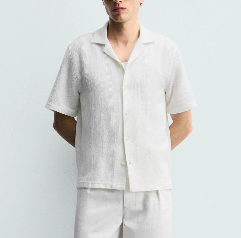 Marchandise de haute qualité, pull en tricot à col cubain blanc à manches courtes pour hommes pour l'été, haut rayé décontracté boutonné sur le d
