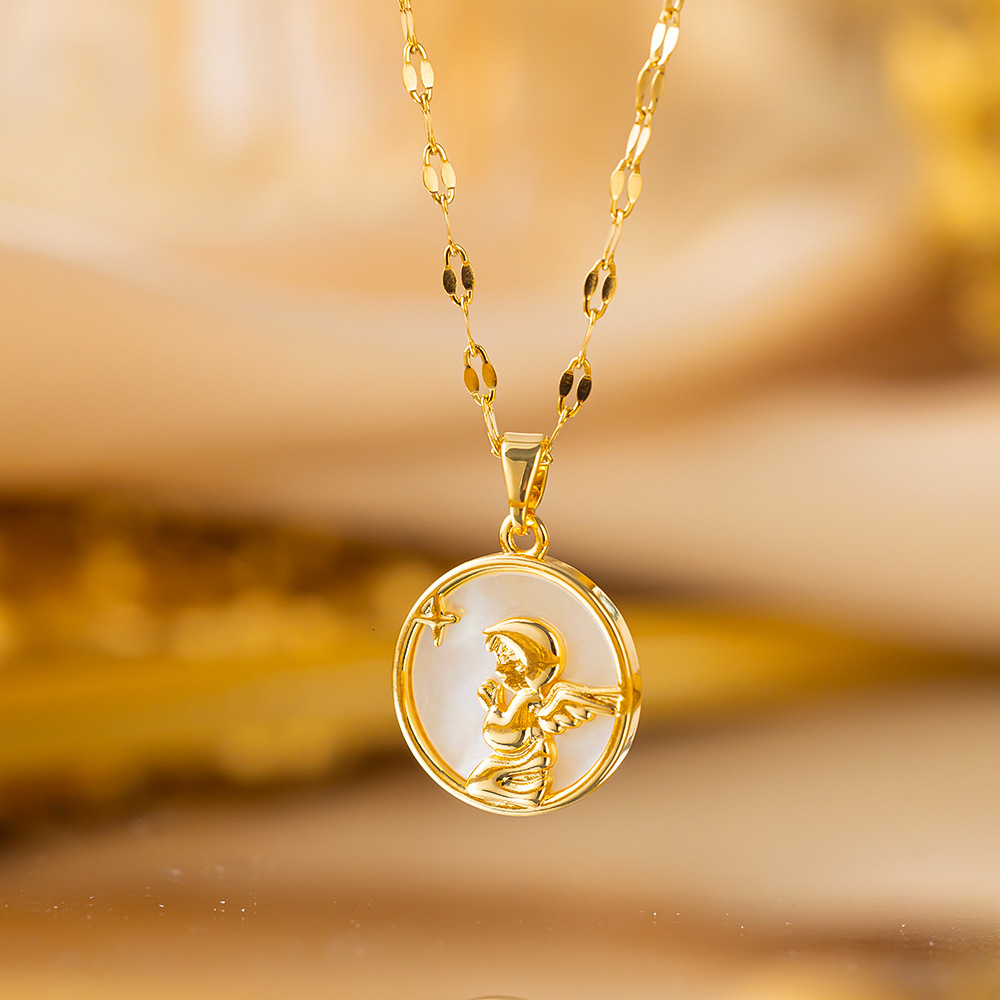 French Retro White Shell Little Angel Titanium Steel Necklace For Women, Light Luxury New Versatile High-End Collarbone Chain Accessory