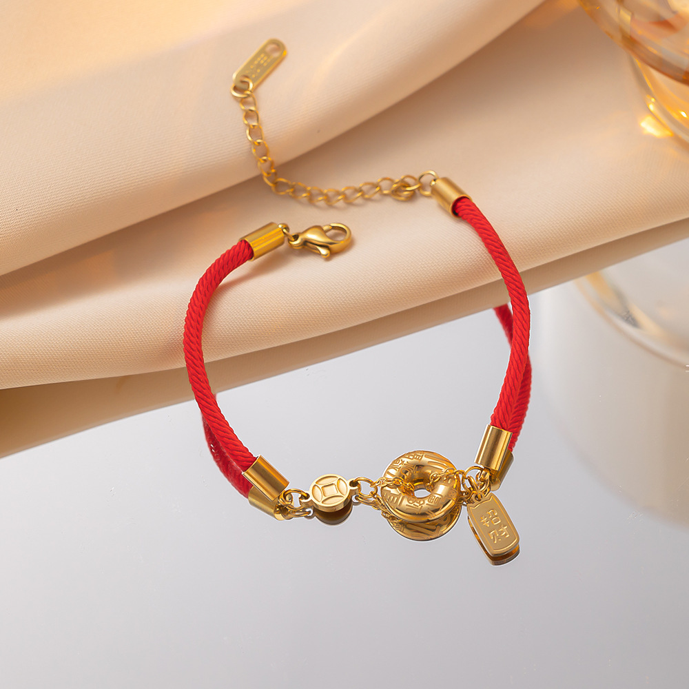 Fortune-Attracting Zodiac Year Red Bracelet Autumn Winter Woven Rope Women 2023 New Coin Titanium Steel Hand Jewelry Accessories Trendy
