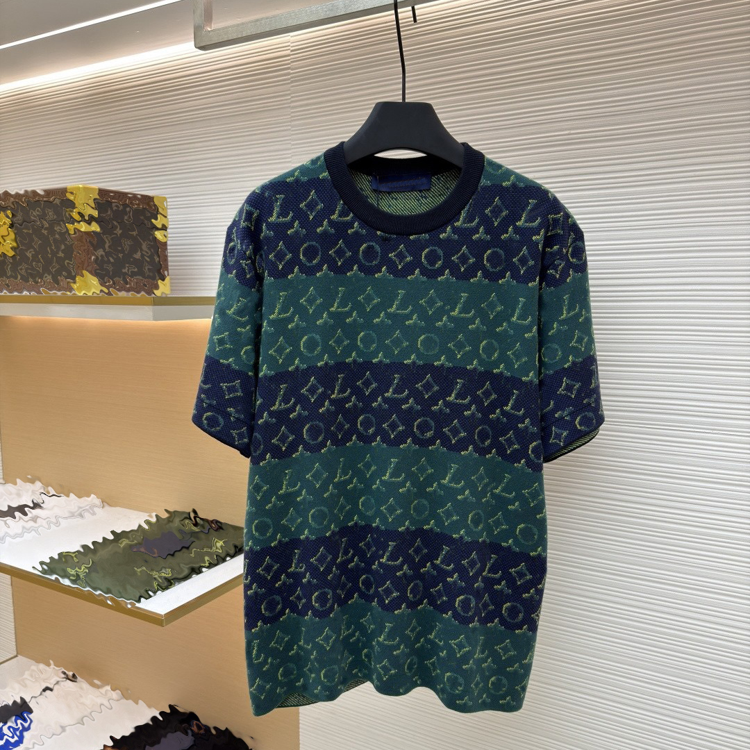 Kleding van designermerken, hoogwaardig jacquard gebreid T-shirt voor heren, blauwgroen patchwork gebloemd shirt, gebreid overhemd met ronde hals en