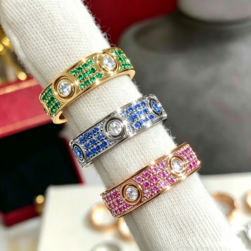 luxury inlaid colorful cubic zirconia ring stainless steel 18k gold plated couple band ring multi color daily party jewelry for men women