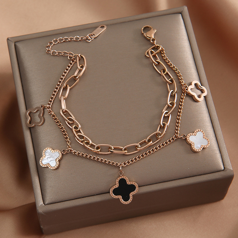 Fashion Double Layer Four-Leaf Titanium Steel Bracelet Light Luxury Internet Celebrity Hand Jewelry Versatile Lucky Clover Elegant Minimalist Style