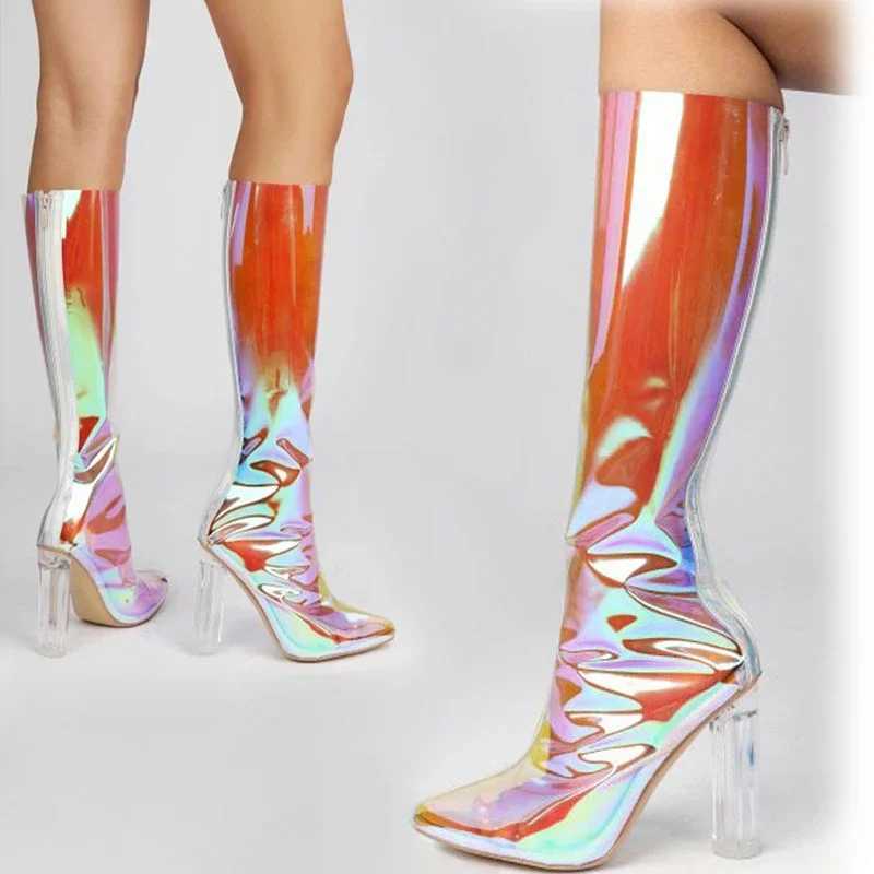 Sexy Pointed Crystal Thick High-heel Transparent Knee High Boots New Women Rear Zipper Fashion Show Stage Long Boot Size 35-47