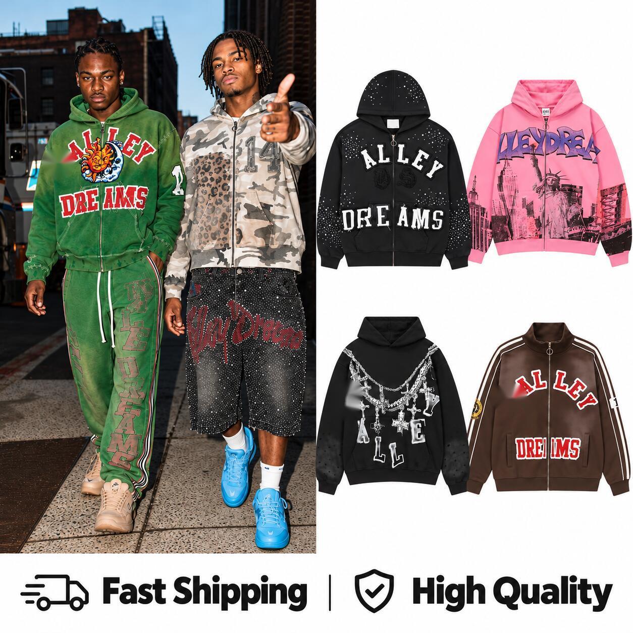 Valleyly Mens Designer Hoodies Zip Up Dreams Hoodie Hoody Sweatshirt Graphic Y2K Wear Streetwear Black Pink Purple Clothing Clothes Zipper Zip Ups F