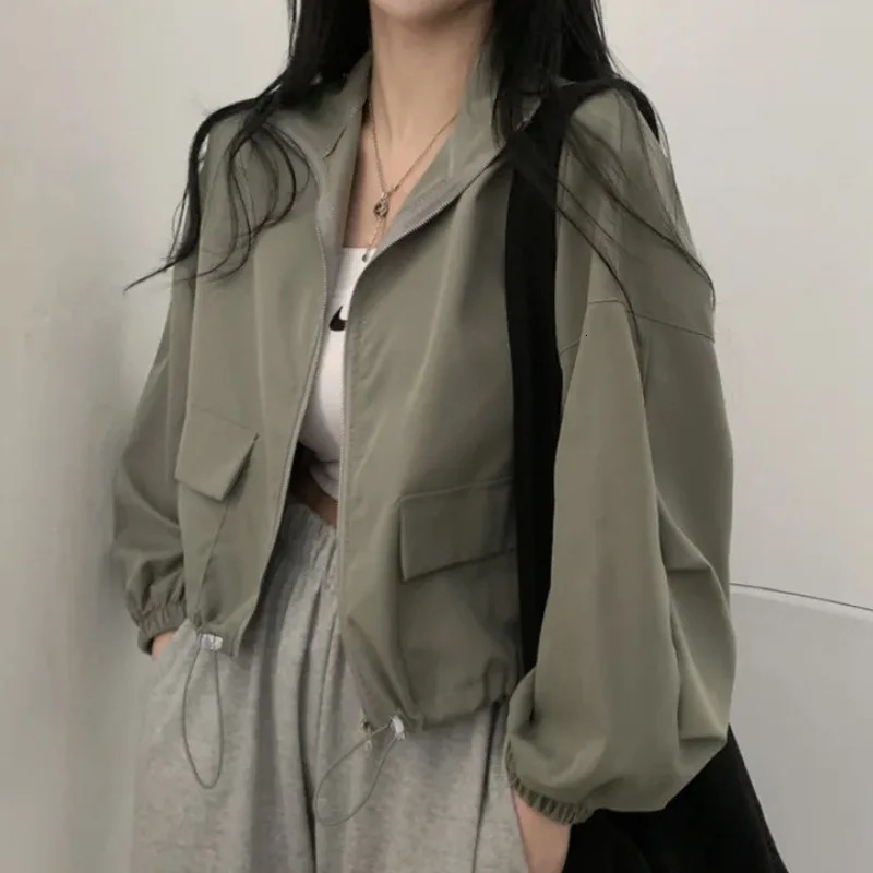 Women's Y2K Spring And Autumn Short Workwear Jacket Retro Versatile Drawstring Loose Cardigan Stylish Windproof Streetwear Top 261015