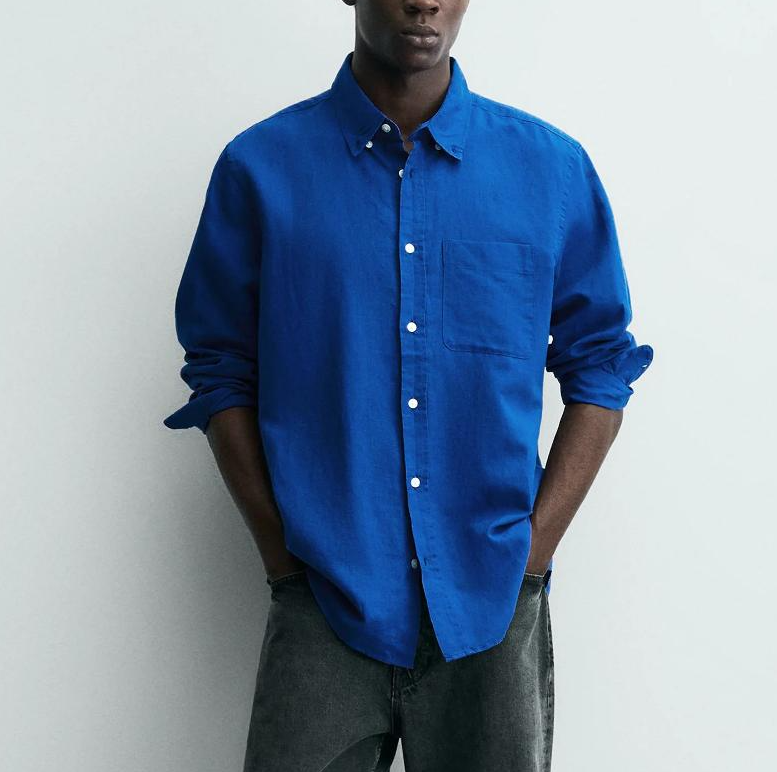 High-quality men's cotton-linen lapel long-sleeve blue shirt, button style, lightweight regular fit, casual top for daily wear in summer