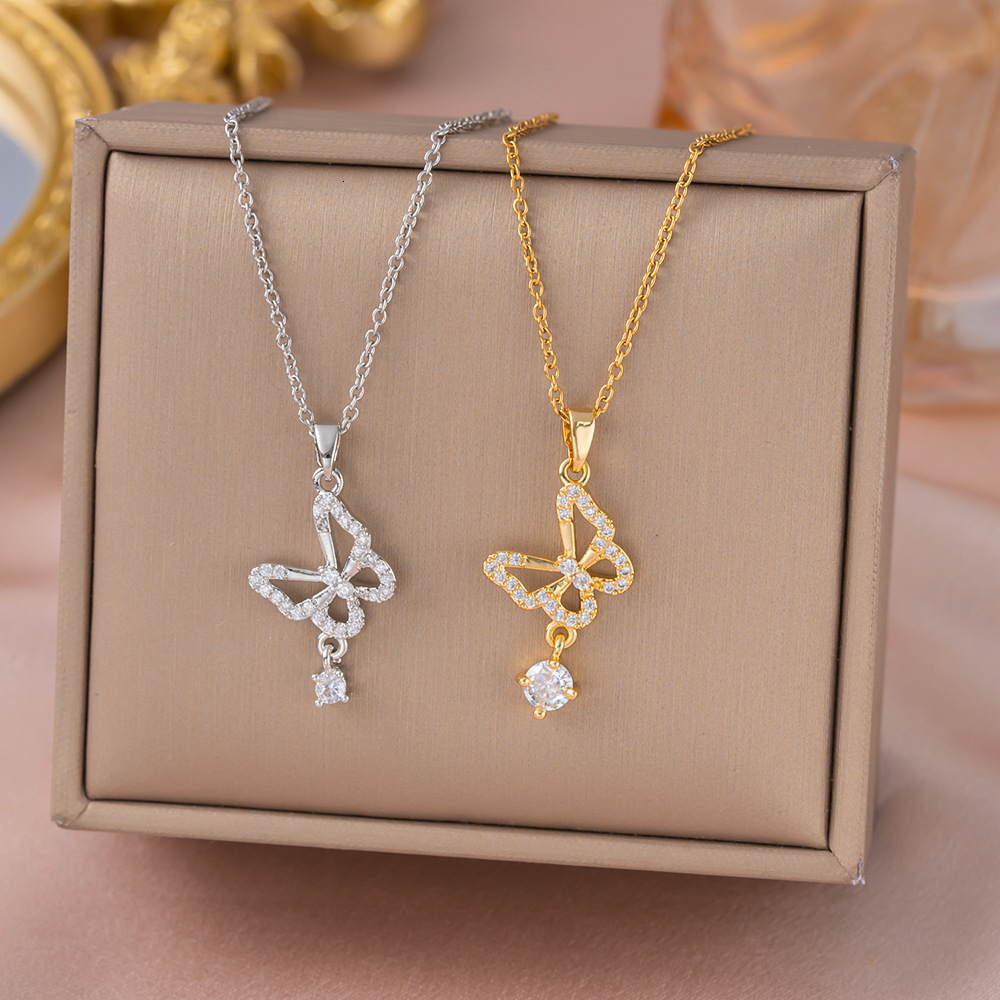 Sweet Princess-Style Full-Diamond Butterfly Tassel Micro-Inlaid Necklace For Girls, Exquisite, Light Luxury, Versatile, High-End Sparkling Diamond C