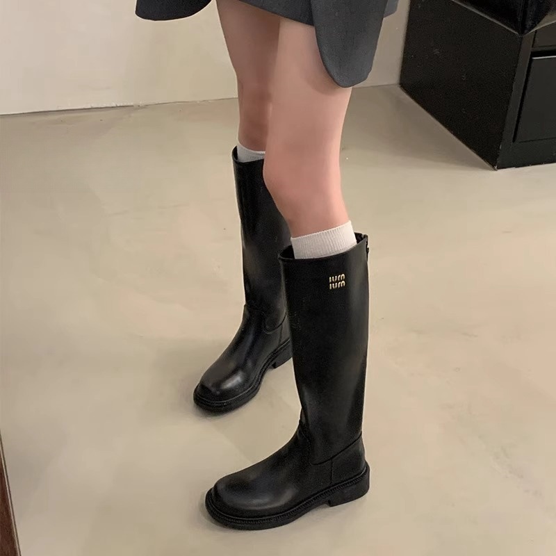 free shipping Women Knee High Knight Boots Back Zipper Round Toe Chunky Heel Black Leather Wide Calf Riding Boots boots designer