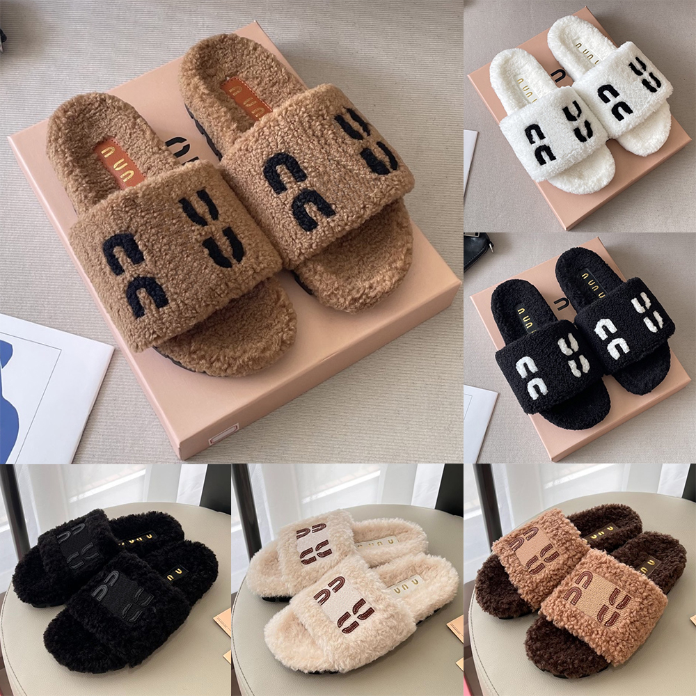 Pantoufles de créateurs diapositives en peau de mouton femmes logo brodé pantoufles de fourrure en peluche plat une sangle sandales à glissière h