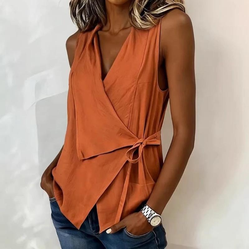 Designer Summer Women Sleeveless Shirt Solid Color V Neck Lace Up Casual Blouse European American Commute Top S-3XL
