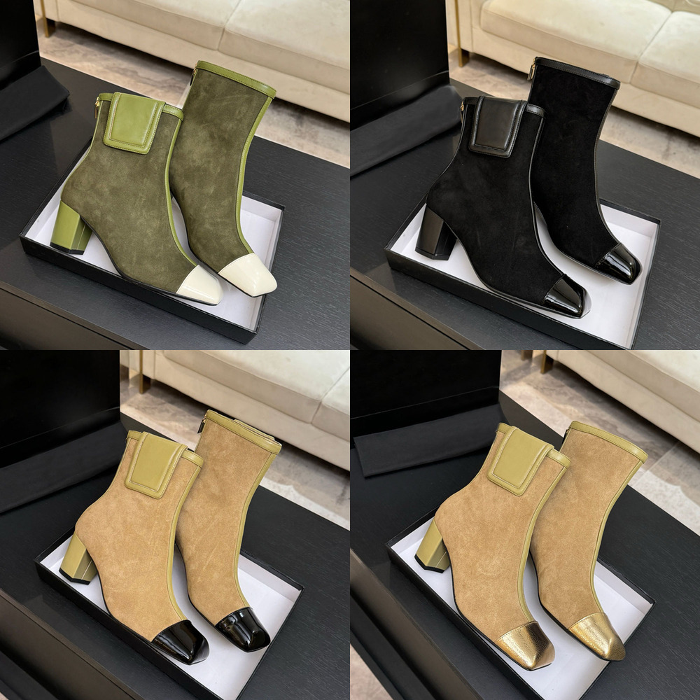 Booties Designer Luxury Green Suede Ankle Boot Block Heel Patent Toe Womens Fashion Formal Winter Dress Office Comfort Quality Stylish Modern Red Le