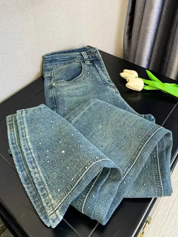 Diamond-encrusted Retro Jeans Womens Spring Sense High-waisted Straight-leg Pants Wide-leg Mopping S26101326CN