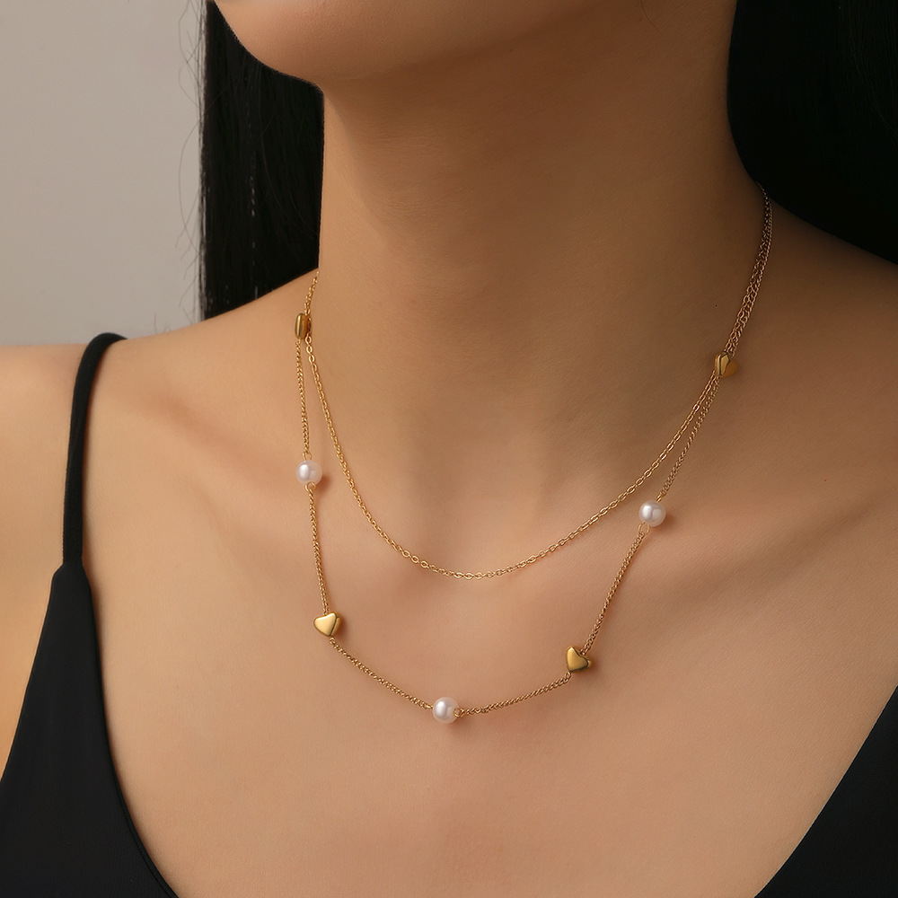 Cross-Border Best-Selling Double-Layer Pearl Heart Titanium Steel Necklace For Women, Light Luxury, Elegant, High-End Clavicle Chain, Versatile And