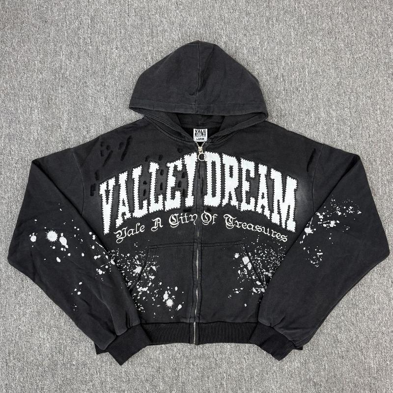 Men Zip Up Hooded Sweatshirt Vintage Washed Large Arch Letter Print Splatter Paint Detail Distressed Relaxed Fit Casual Hoodie Jacket Unisex