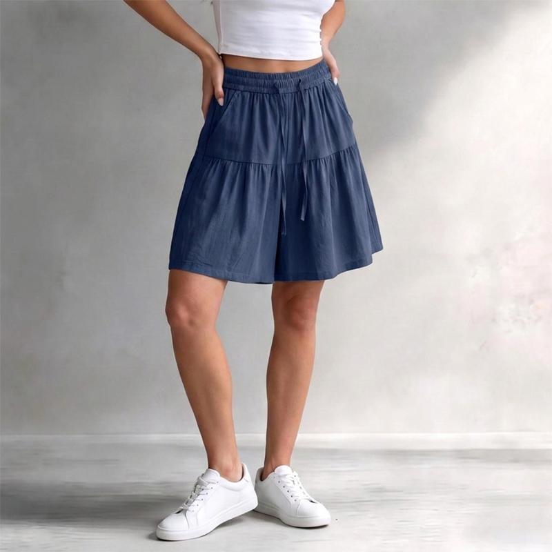Short d'été en coton pour femmes, taille haute, jambes larges, avec cordon de serrage, couleur unie, décontracté, ample, Patchwork, culottes
