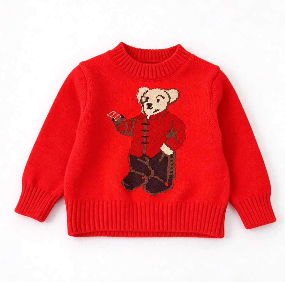 Daily Casual Wear Kids Knit Sweater Premium Designer Crew Neck Cute Cartoon Bear Jacquard Long Sleeve Warm Autumn Winter Pullover Tops for Baby Todd