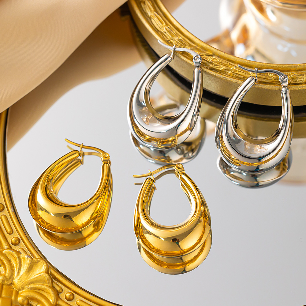 European And American Cross-Border Fashion Glossy Oval Hollow Titanium Steel Earrings Trendy Light Luxury Style High-End Geometric U-Shaped Ear Jewe