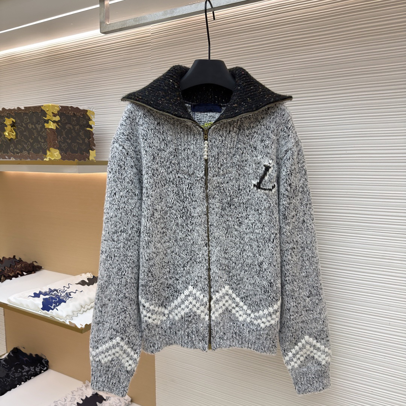 Designer Brand Clothing High Quality Men's Grey Flower Yarn Flip Collar Zipper Knitted Cardigan | Snow Mountain Boat Landscape Jacquard Sweater