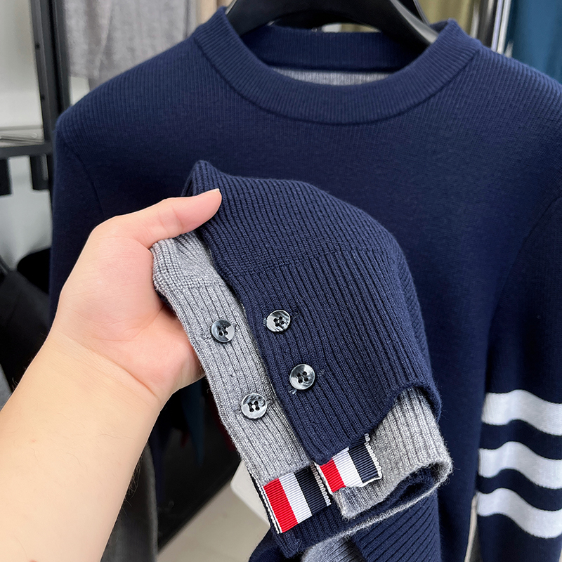 New S Long Knitted Sweater Crew Neck Pullover Striped Sleeve Button Hem Fine Gauge Business Casual Autumn Winter Tops Men Luxury
