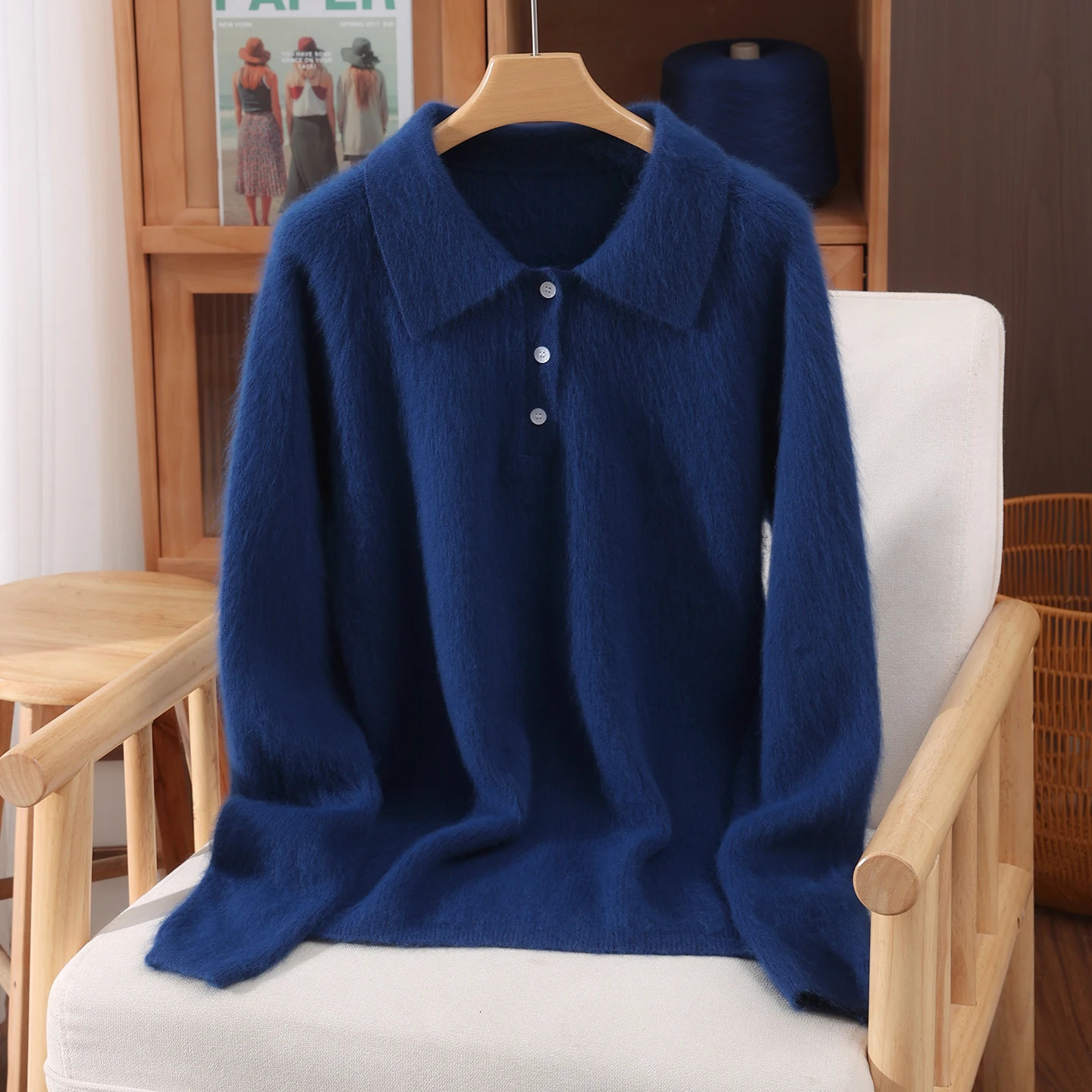 Elegant Autumn Winter 100 Mink Cashmere Women Sweater Polo Collar Pullover Half Placket Button Drop Shoulder Warm Clothing Tops 261008