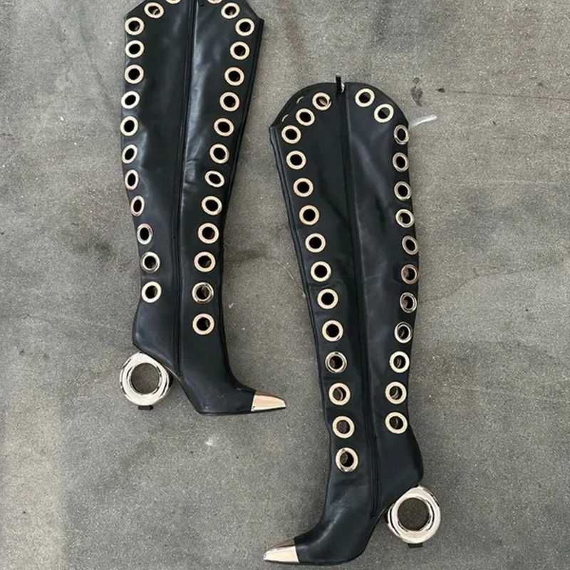 Silver Eyelets Black Leather Round Heels Over-The-Knee Boots Woman Winter 2026 Silver Metal Pointed Toe Shaped Heels Thigh Boots