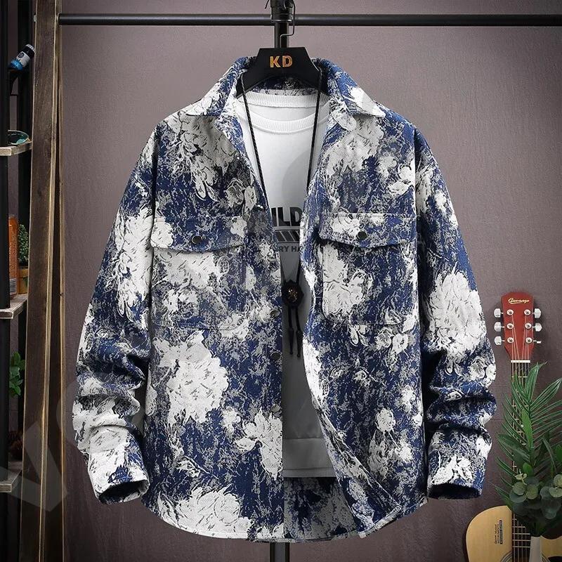 Veste de chemise décontractée à manches longues pour hommes, motif abstrait complet, bouton d'impression sur le devant, col à revers, poches mult