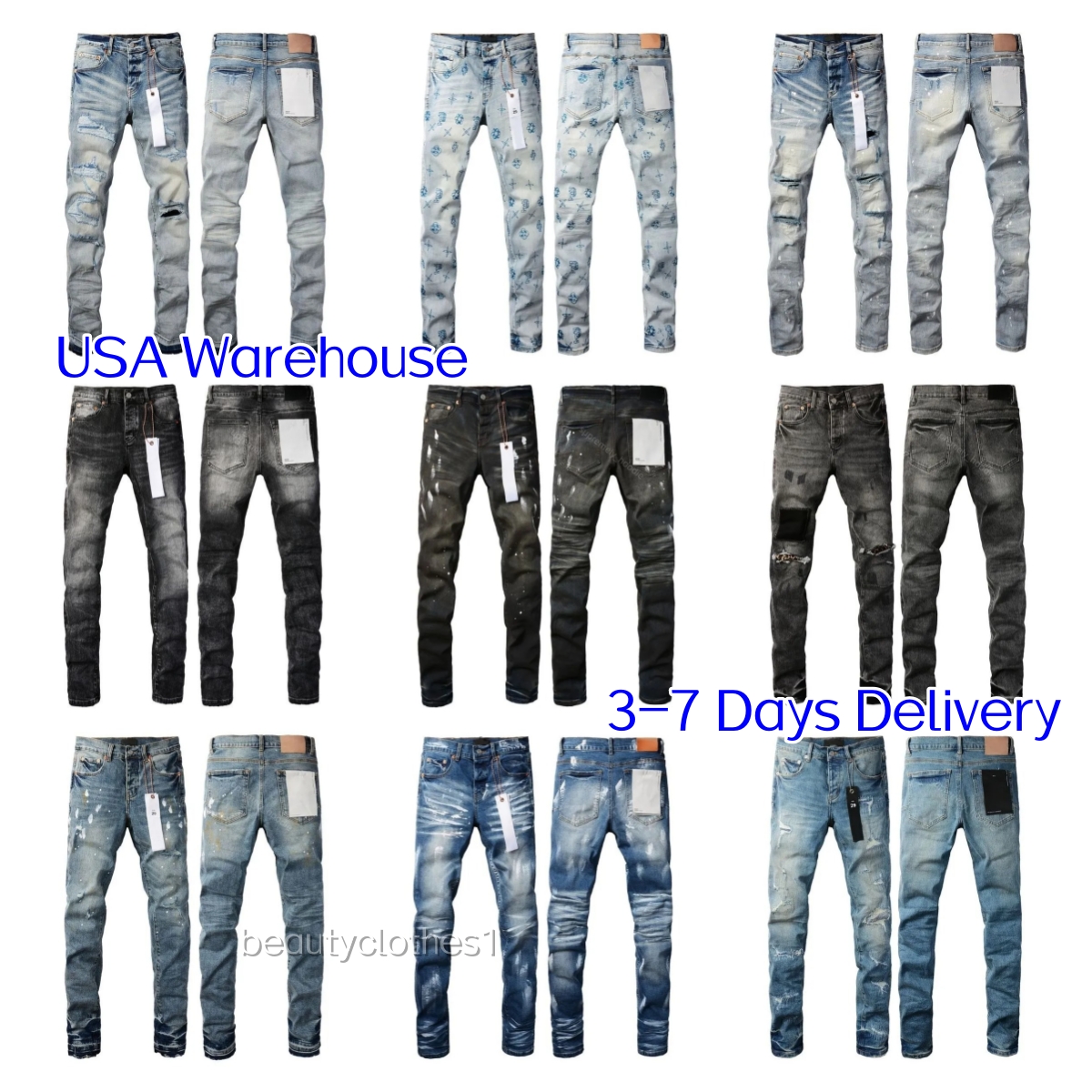 5A Men Casual Denim Trousers High Street Slim Fit Ripped Distressed PURPLE 1:1 Jeans Splatter Paint Patch Work Vintage Washed Multi color Black Ligh