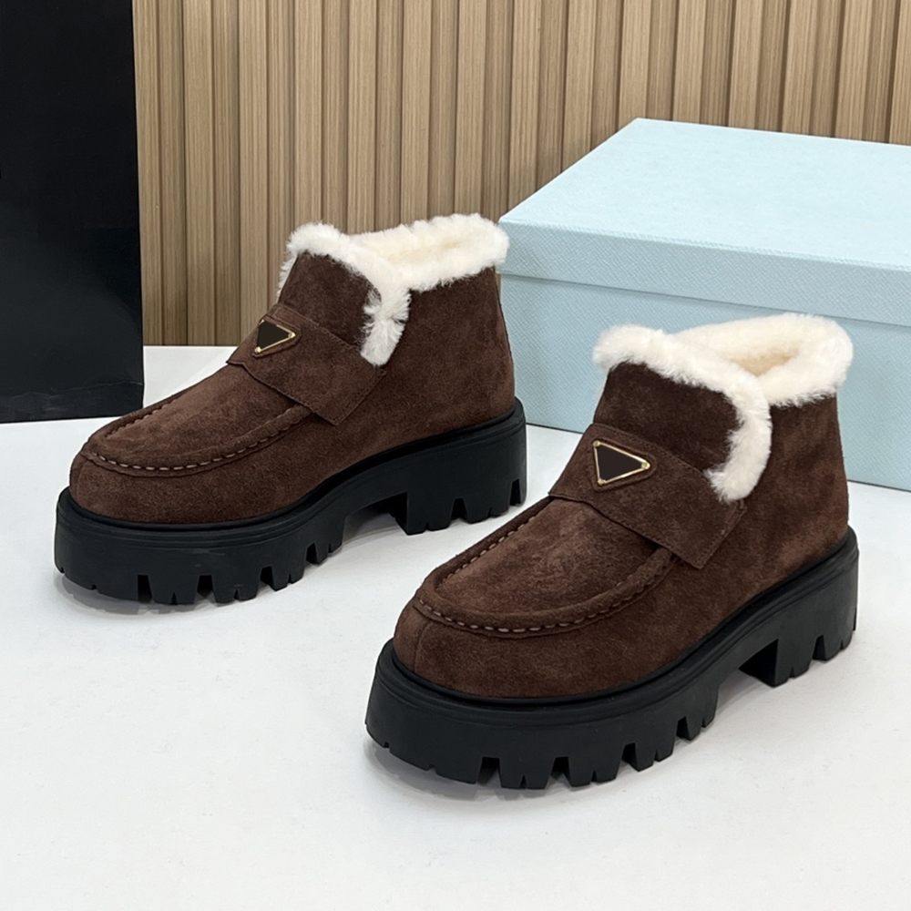 Suede Luxury Designer Brown Fur Loafer Ankle Boot Booties Platform Thick Sole Winter Casual Outdoor Womens Comfort Cozy Fashion Stylish Grey Black P