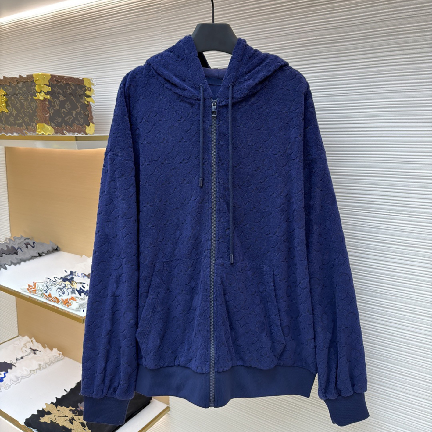 Designer Brand Clothing High Quality Men's Blue Towel Material Full Print Embossed Hoodie Sweatshirt | Jacquard Texture Zipper Hoodie Coat