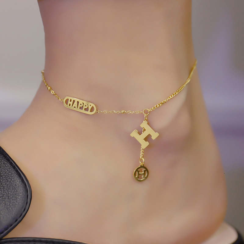Korean And Japanese Happy Letter Tassel Titanium Steel Anklet For Women Summer Internet Celebrity Ins Cool Style Niche Design Trendy Non-Fading