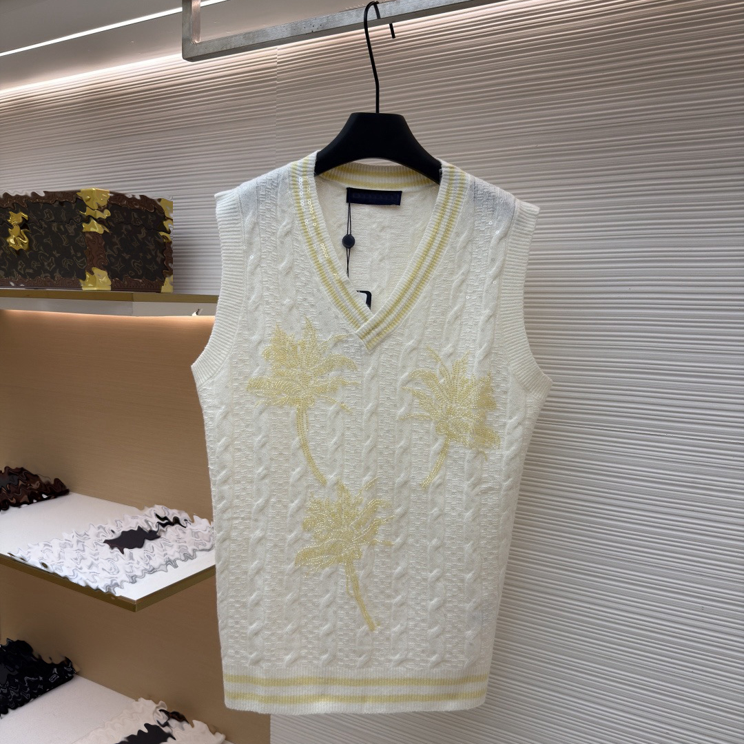 Designer brand clothing, high-quality men's white V-neck knitted vest, gold coconut tree embroidered vest, men's and women's ribbed k