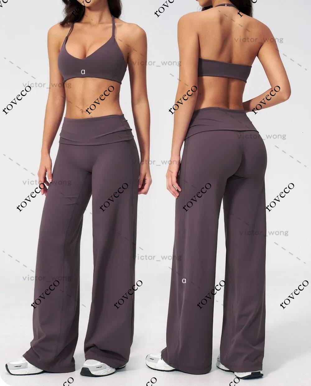 A5529 Women's Designer Two Piece Workout Halter Sports Bra Gym Set Fold Over Waist Wide Leg Pants Tracksuit